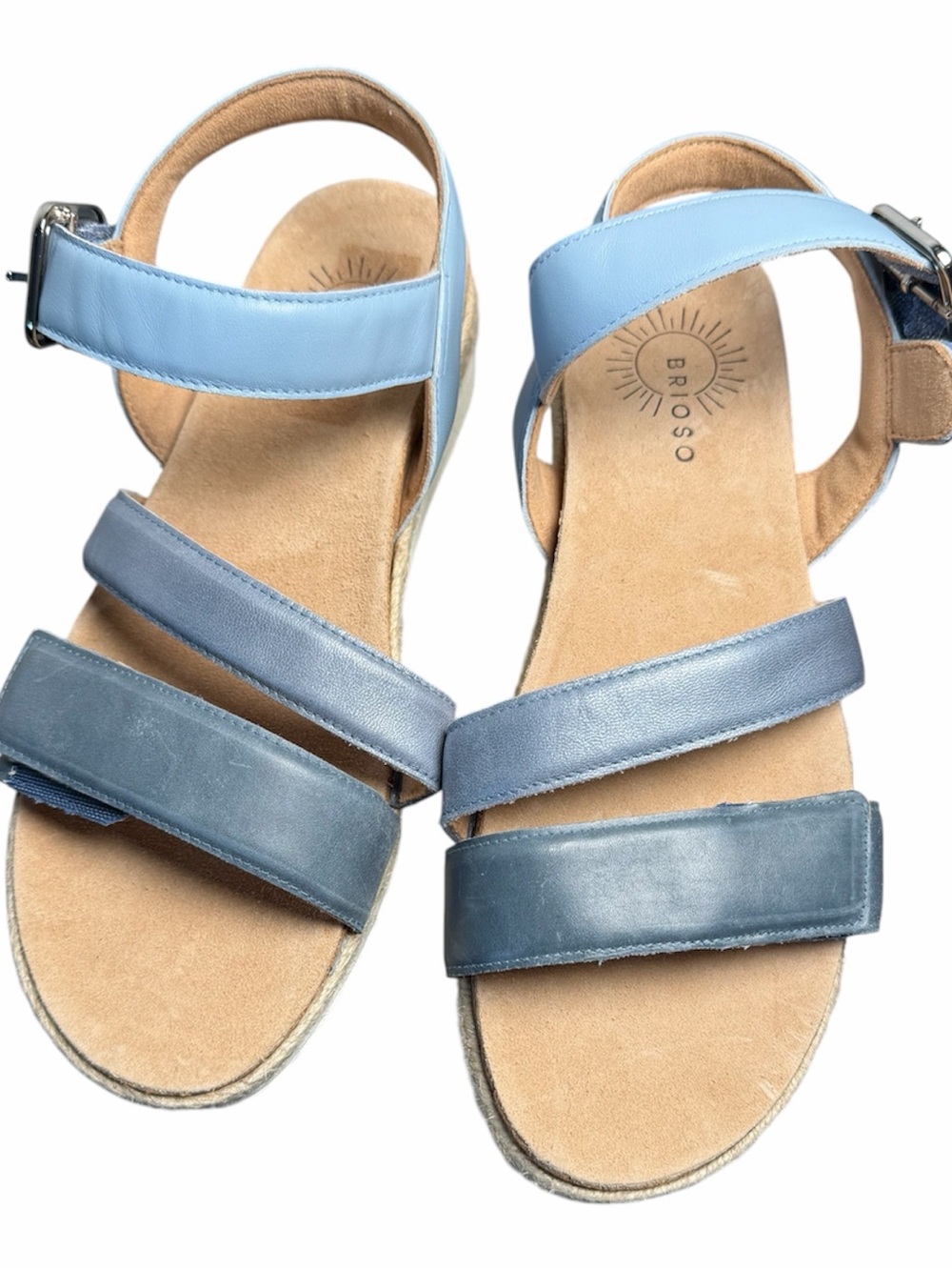 Brioso Sz 9.5 Huntley Blue Two Leather Covered Wedge Sandals NWT